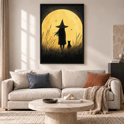 Witch and Cat Silhouetted Against Full Moon Wall Art 2