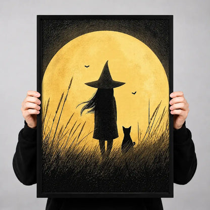 Witch and Cat Silhouetted Against Full Moon Wall Art 3