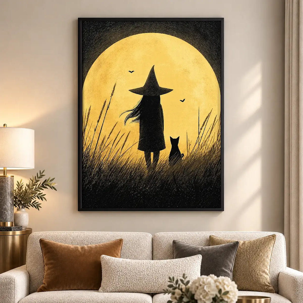 Witch and Cat Silhouetted Against Full Moon Wall Art 5
