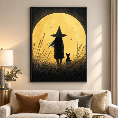 Witch and Cat Silhouetted Against Full Moon Wall Art 5