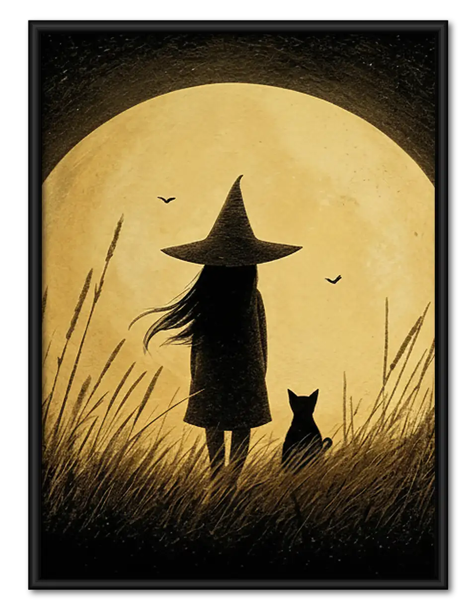 Witch and Cat Silhouetted Against Golden Moon Wall Art 1