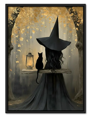 Witch and Cat Under Streetlamp Wall Art