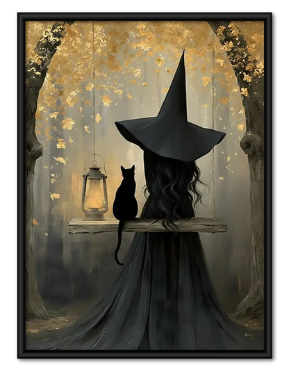 Witch and Cat Under Streetlamp Wall Art 1