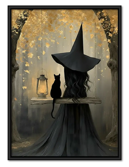 Witch and Cat Under Streetlamp Wall Art