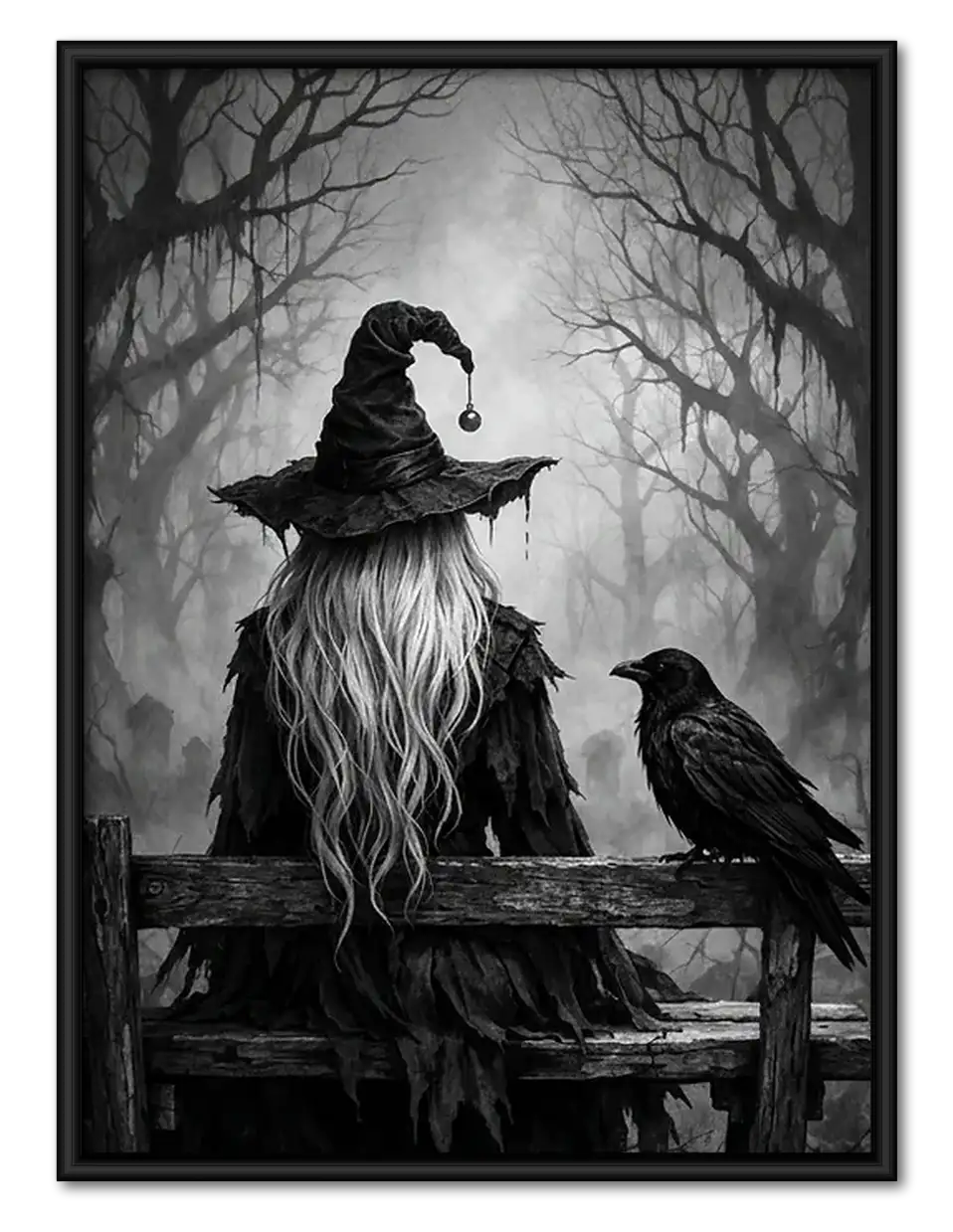 Witch and Raven on Forest Bench Wall Art 1