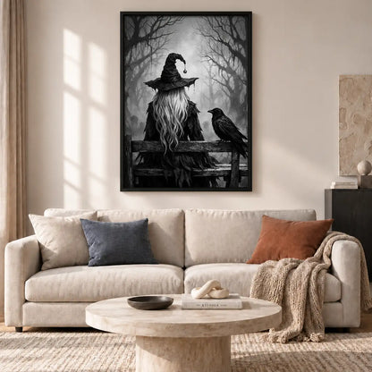 Witch and Raven on Forest Bench Wall Art 2