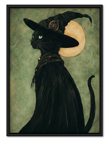 Witch Black Cat beneath Full Moon Wall Art