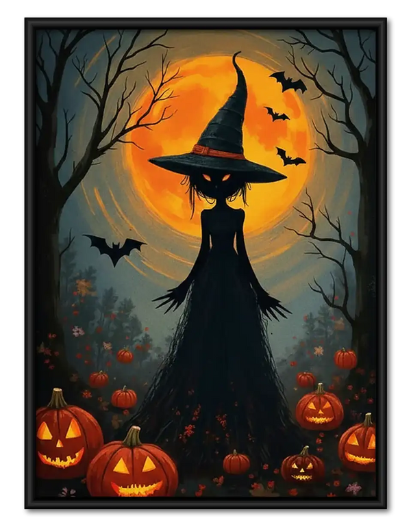 Witch Cat among Glowing Pumpkins Wall Art