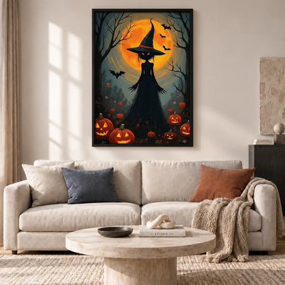 Witch Cat among Glowing Pumpkins Wall Art 2