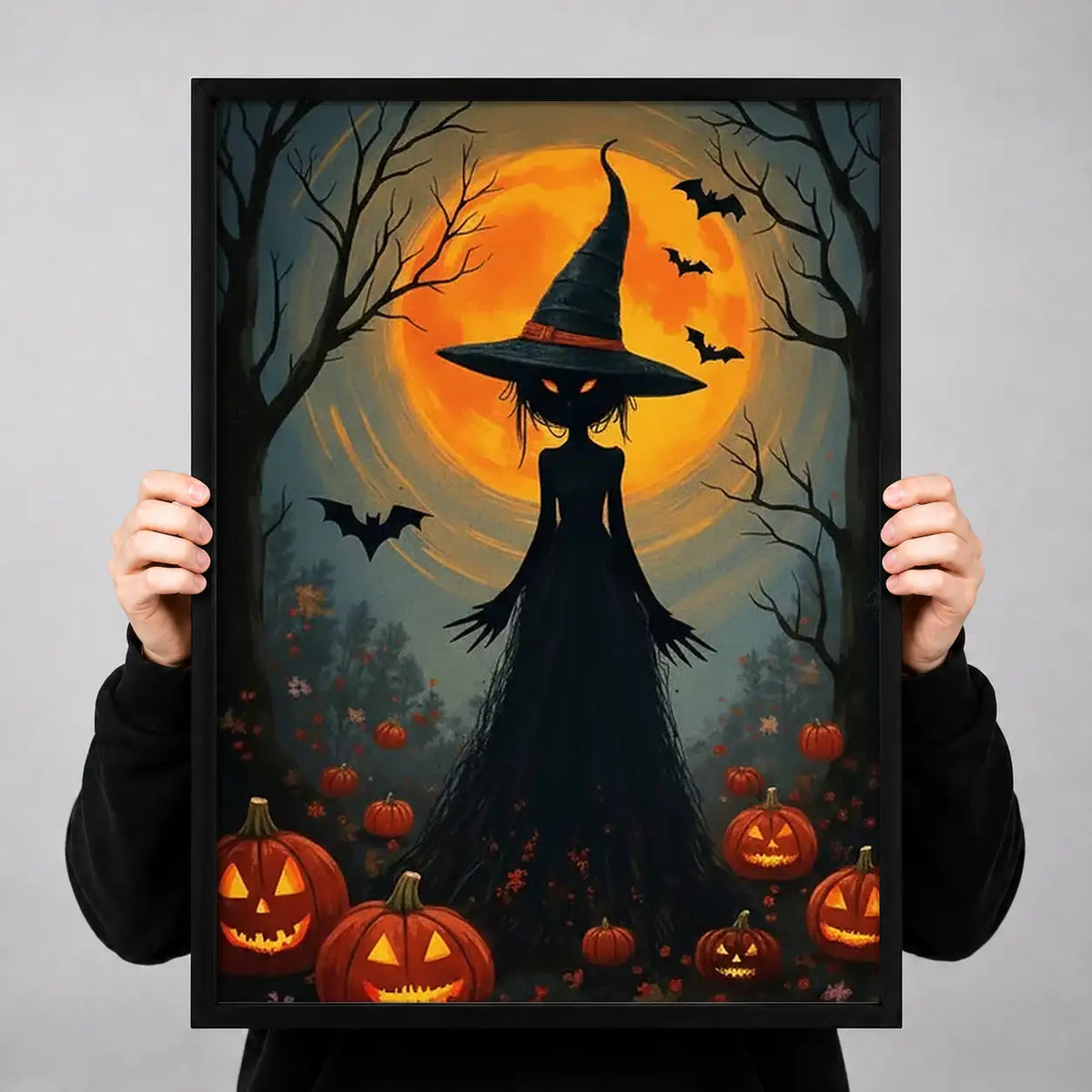 Witch Cat among Glowing Pumpkins Wall Art 3