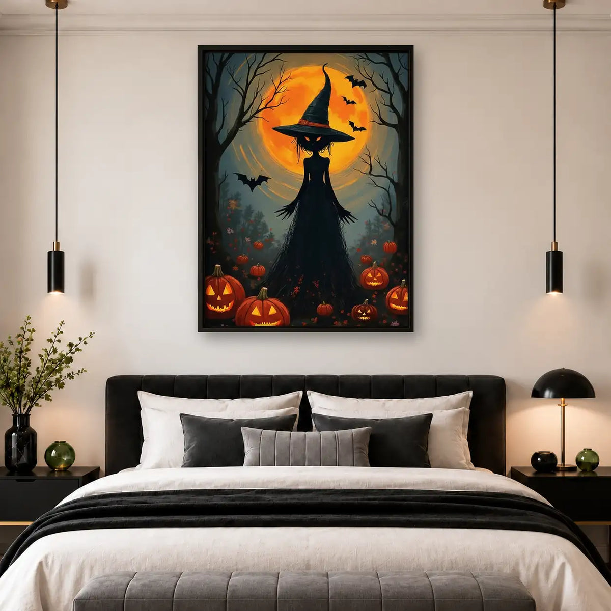 Witch Cat among Glowing Pumpkins Wall Art 4