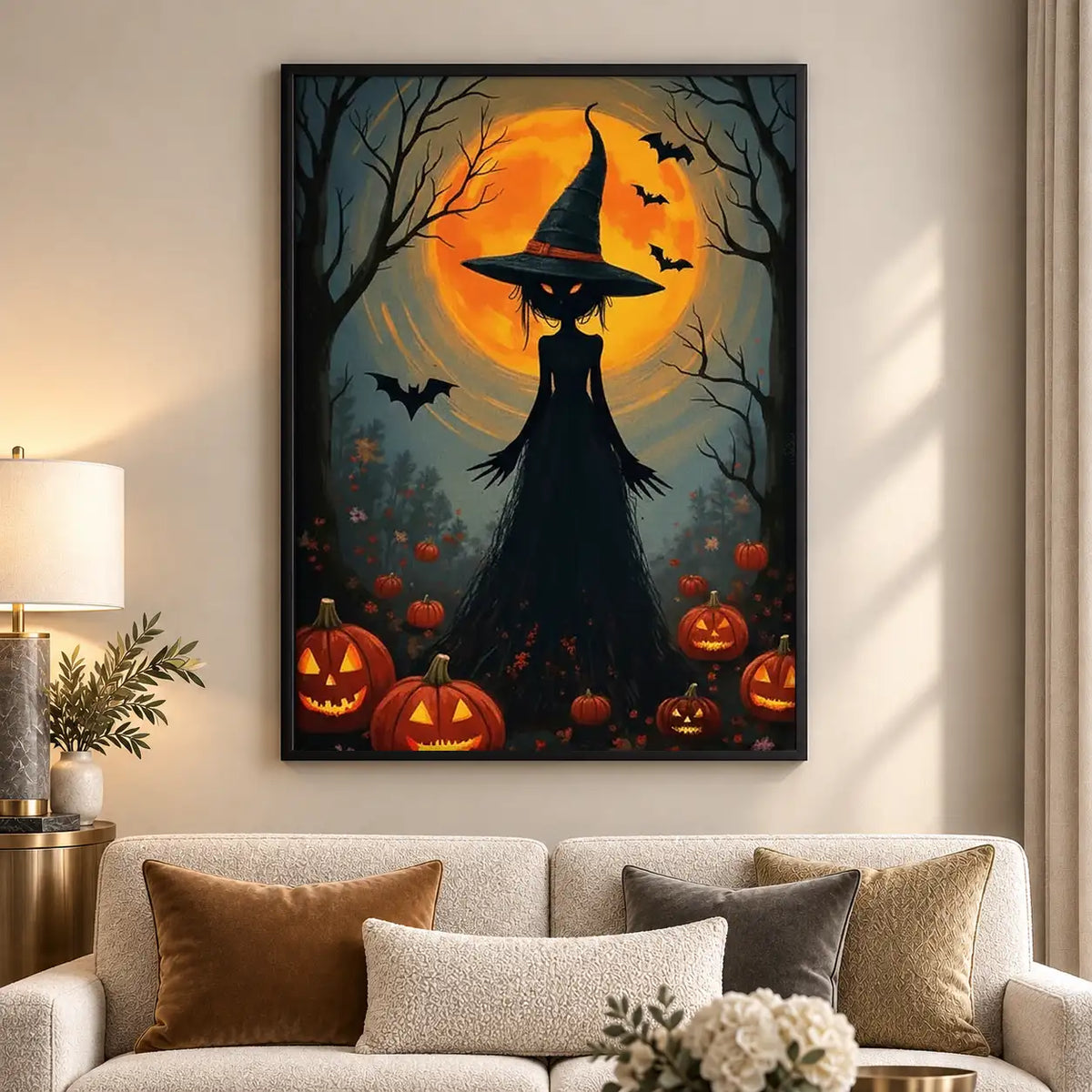 Witch Cat among Glowing Pumpkins Wall Art 5