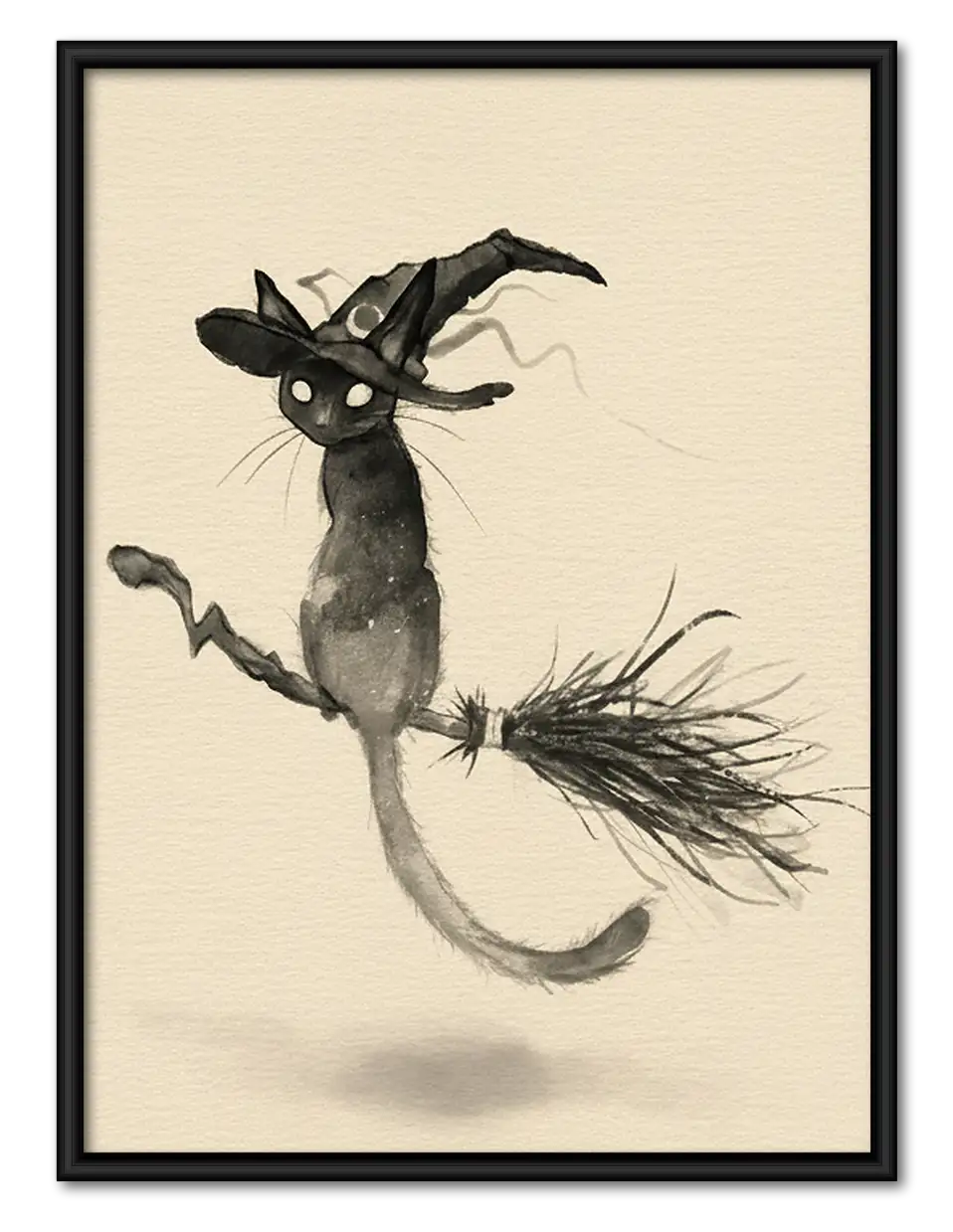 Witch Cat Flying Line Art Wall Art 1
