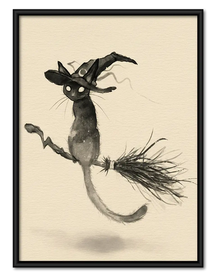 Witch Cat Flying Line Art Wall Art
