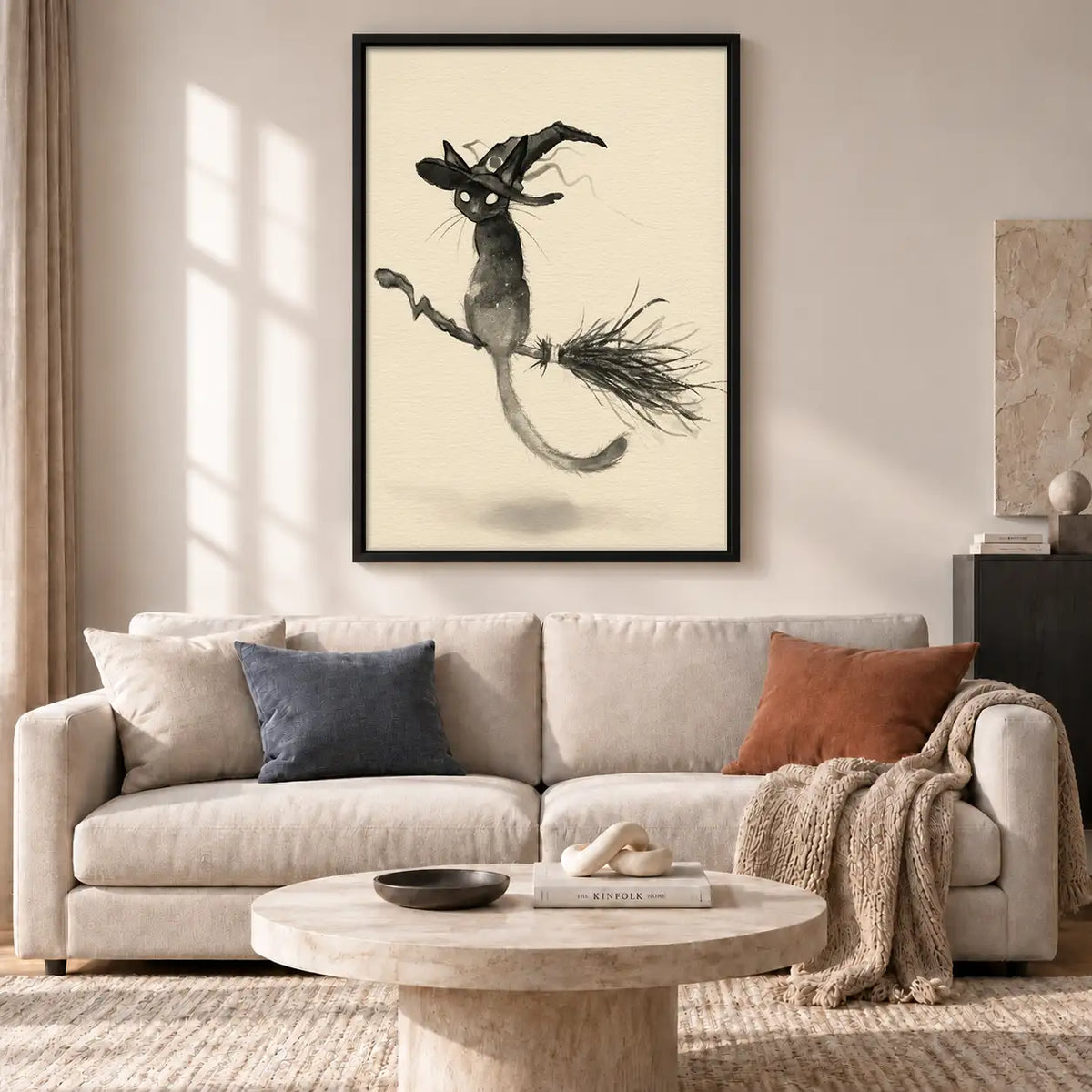 Witch Cat Flying Line Art Wall Art 2