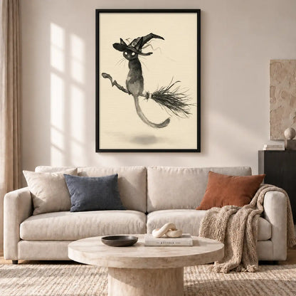 Witch Cat Flying Line Art Wall Art 2