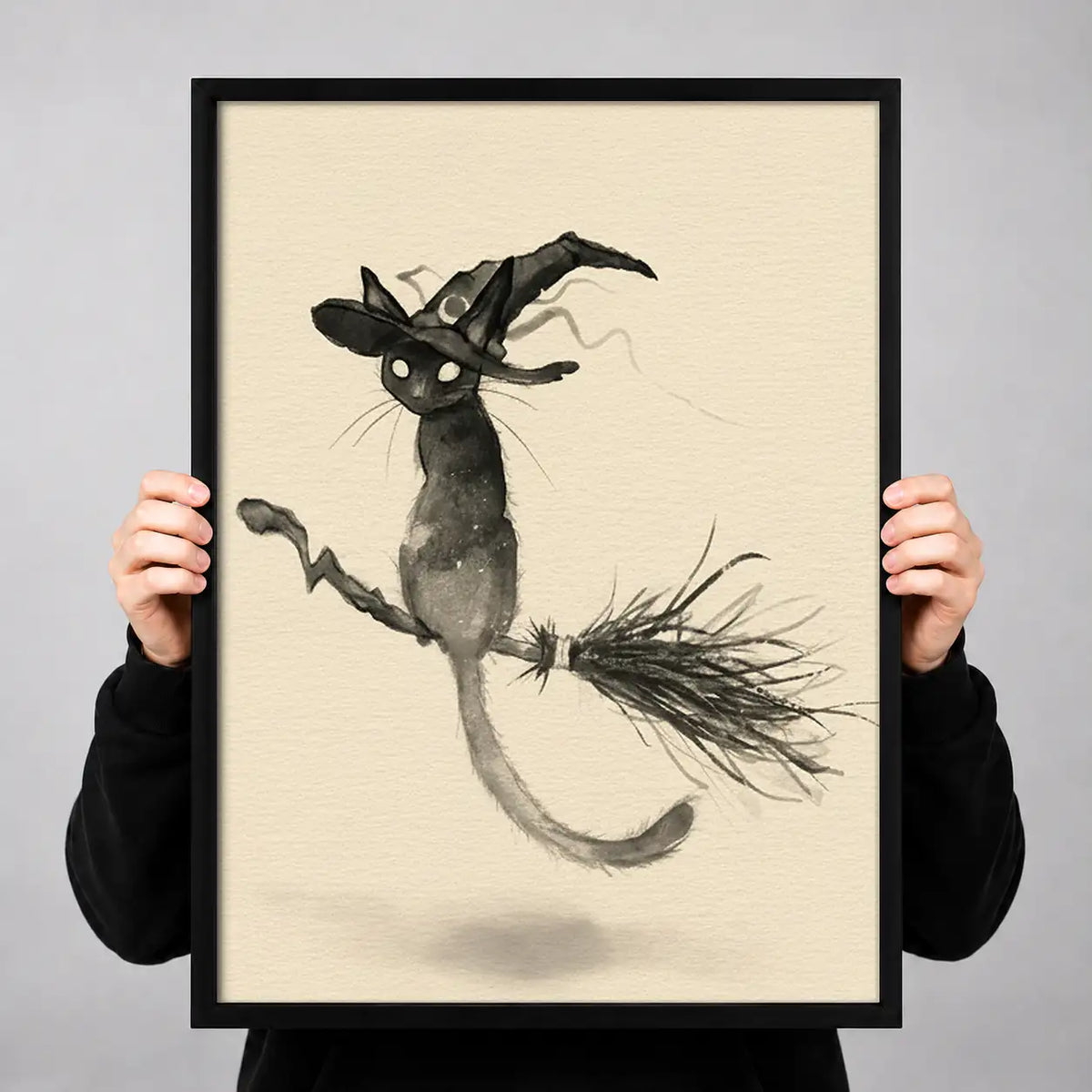 Witch Cat Flying Line Art Wall Art 3