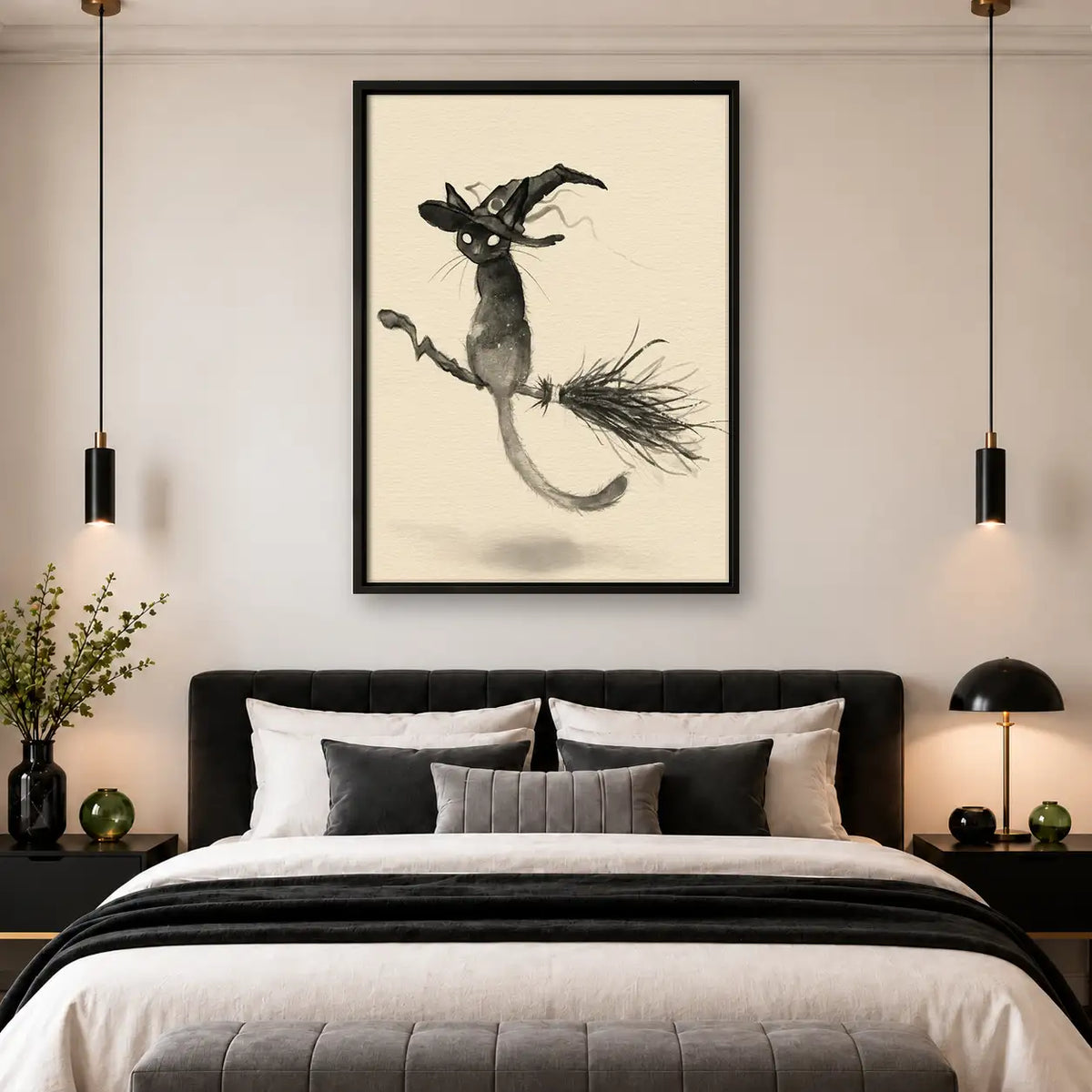 Witch Cat Flying Line Art Wall Art 4