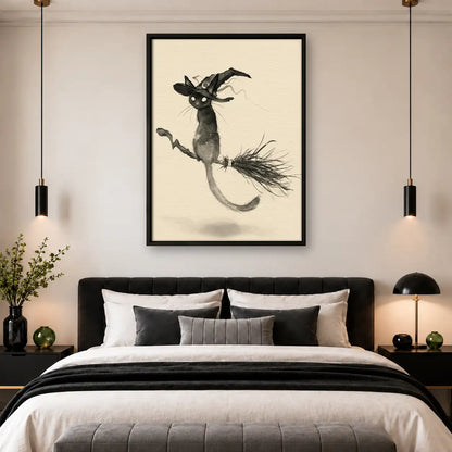 Witch Cat Flying Line Art Wall Art 4