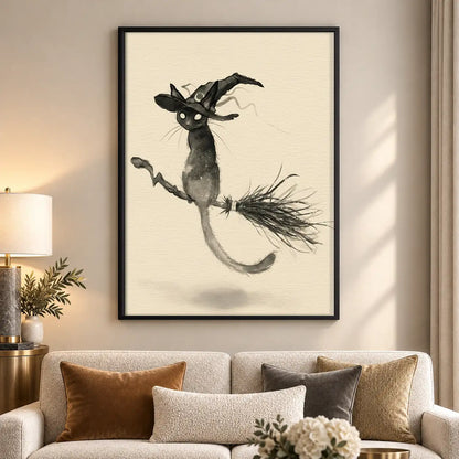 Witch Cat Flying Line Art Wall Art 5