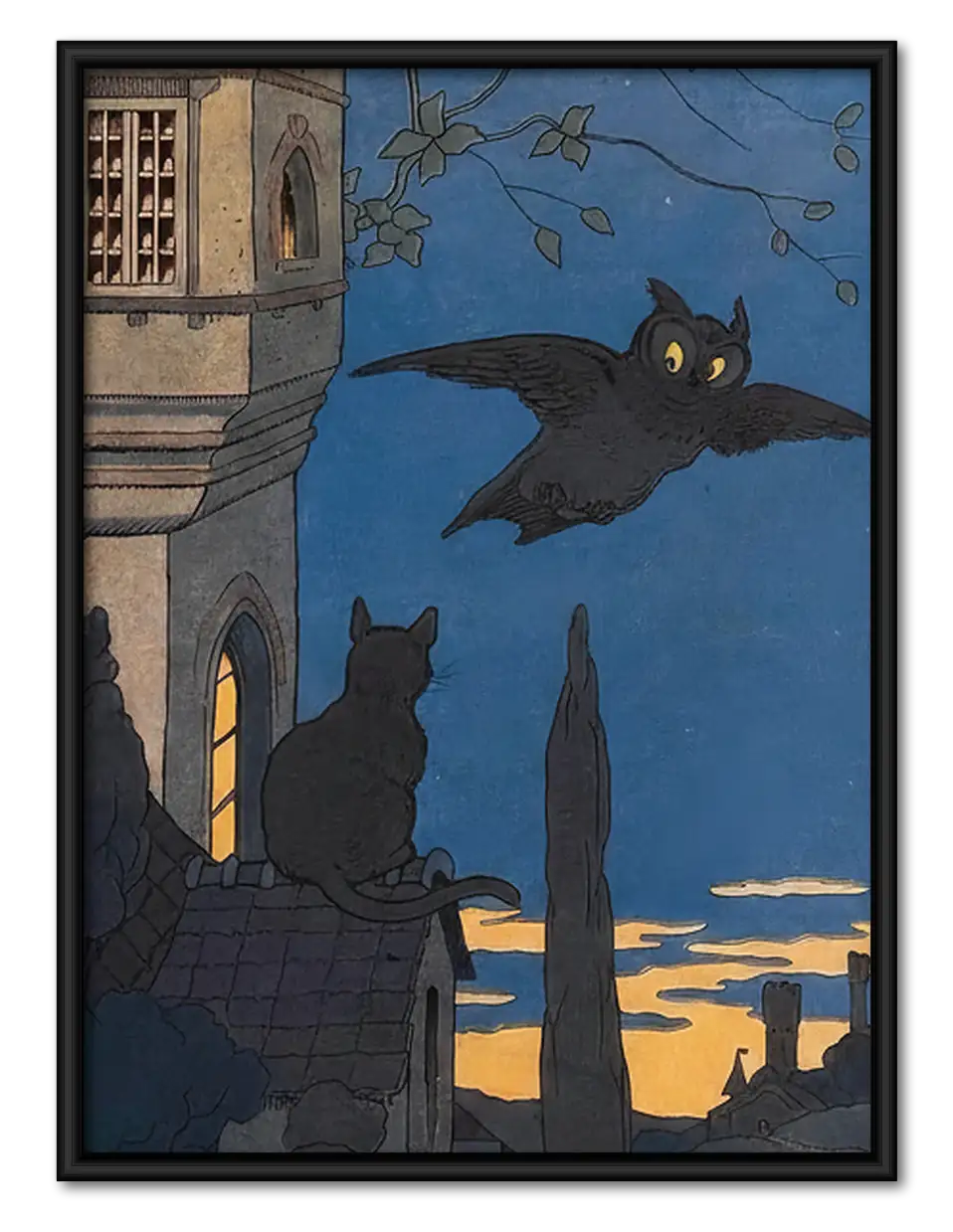 Witch Cat on Rooftop at Dusk Wall Art 1