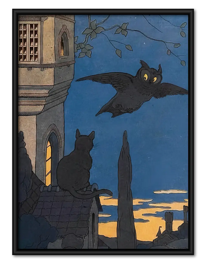 Witch Cat on Rooftop at Dusk Wall Art