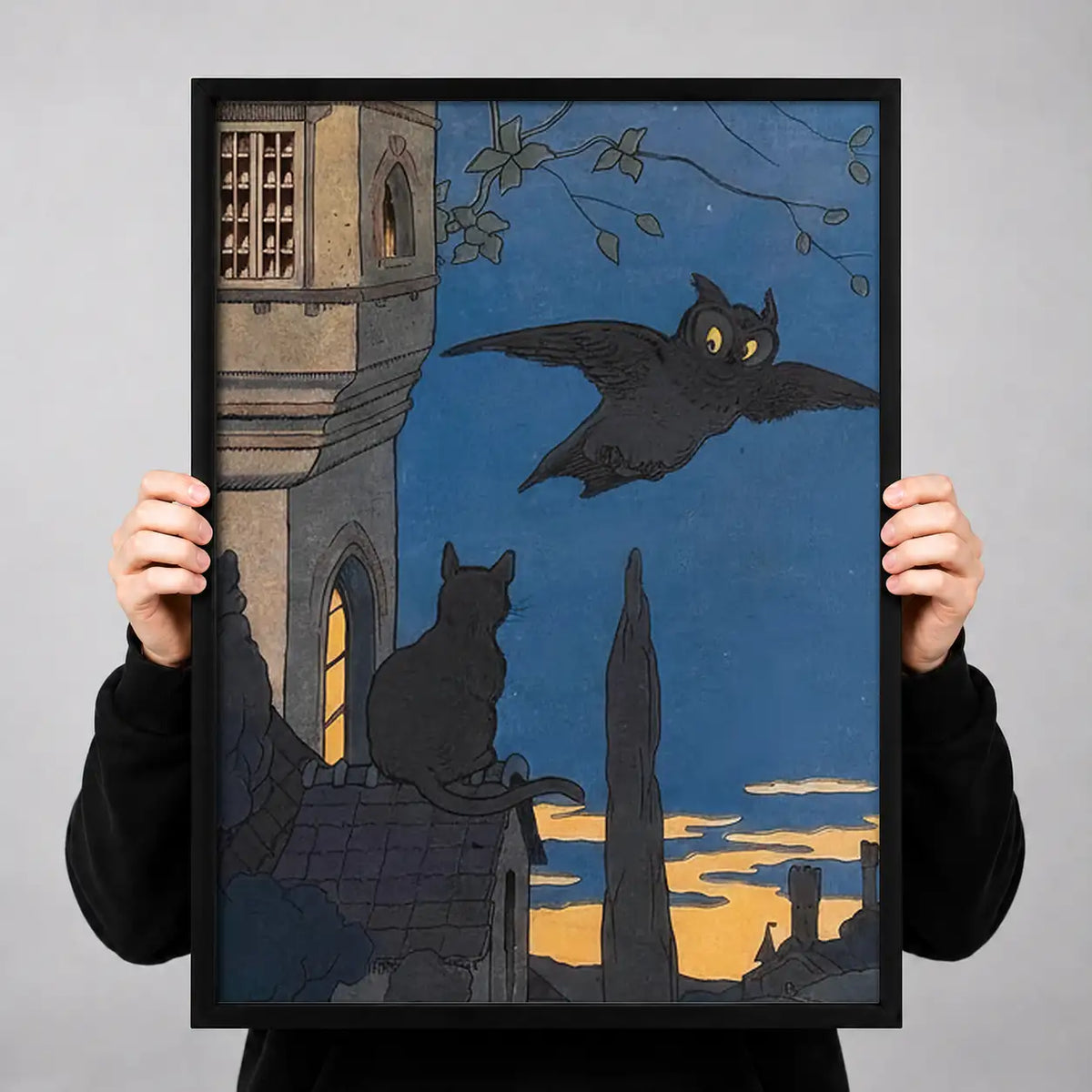 Witch Cat on Rooftop at Dusk Wall Art 3