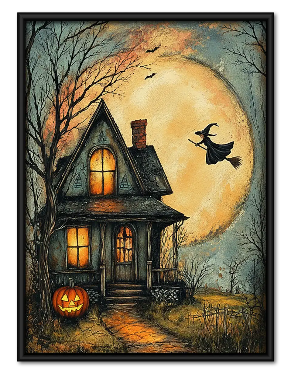 Witch Flying over Haunted House Wall Art 1
