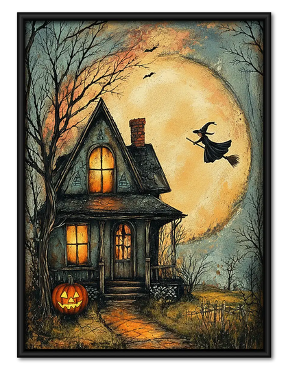 Witch Flying over Haunted House Wall Art