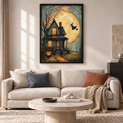 Witch Flying over Haunted House Wall Art 2