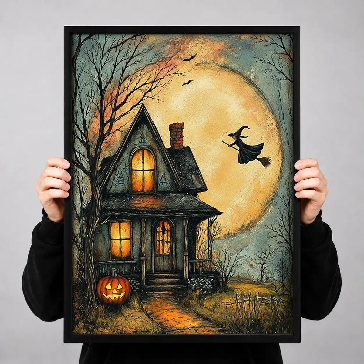 Witch Flying over Haunted House Wall Art 3