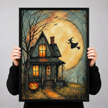 Witch Flying over Haunted House Wall Art 3