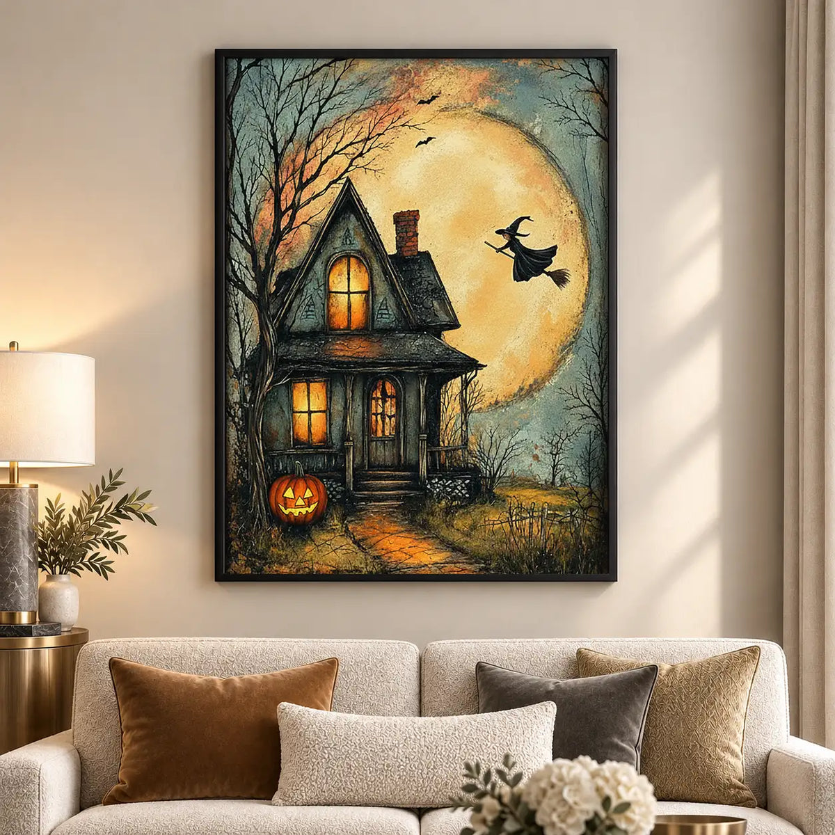 Witch Flying over Haunted House Wall Art 5