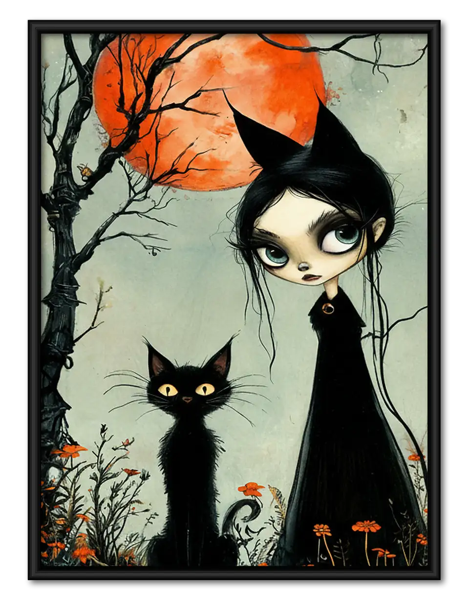 Witch Girl and Black Cat at Sunset Wall Art 1