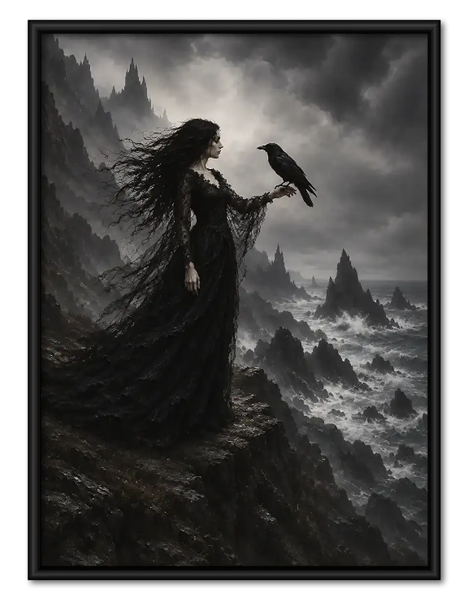 Witch Holding Raven Above Mountain Mist Wall Art 1