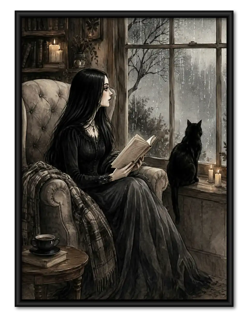 Witch Reading by Fireplace with Cat Wall Art 1