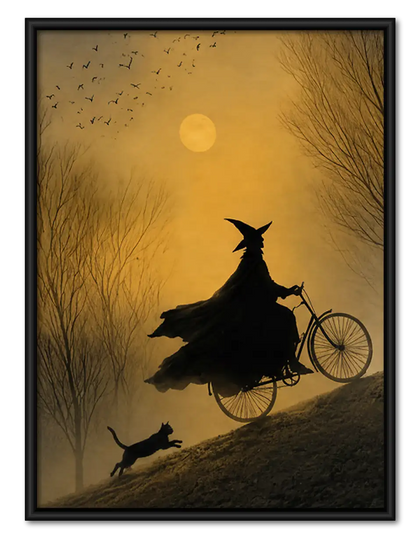 Witch Riding Bicycle Across Golden Moon Wall Art