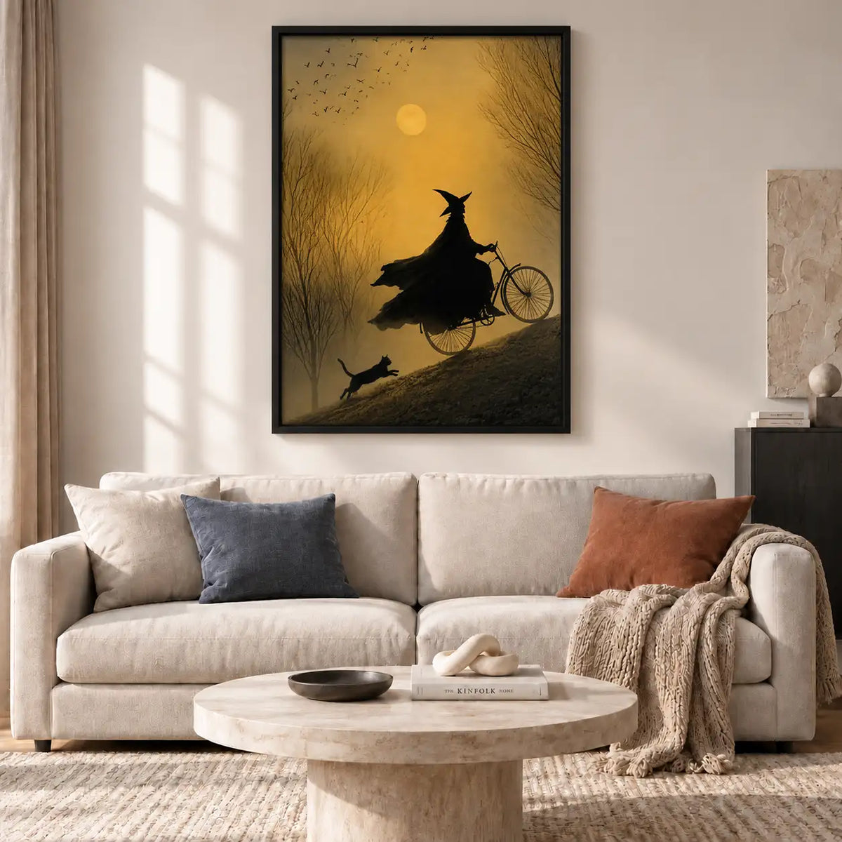 Witch Riding Bicycle Across Golden Moon Wall Art 2