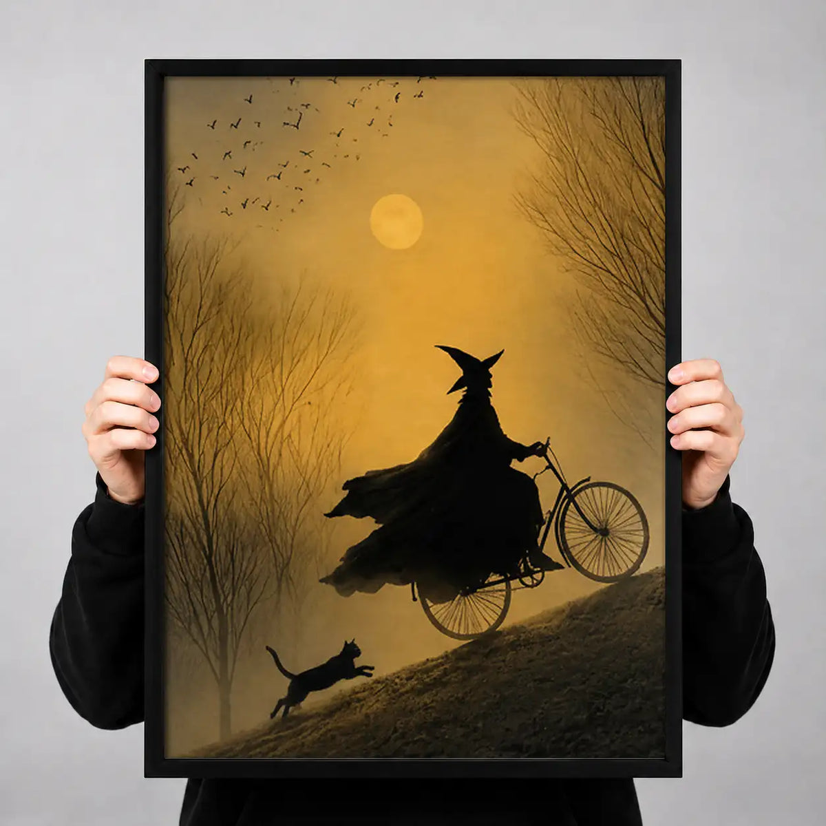 Witch Riding Bicycle Across Golden Moon Wall Art 3