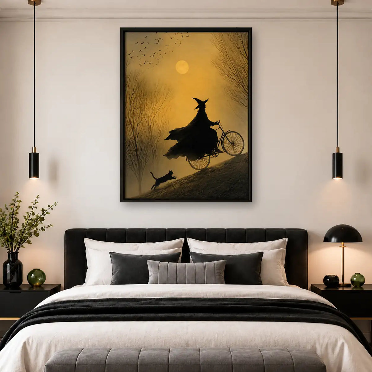 Witch Riding Bicycle Across Golden Moon Wall Art 4