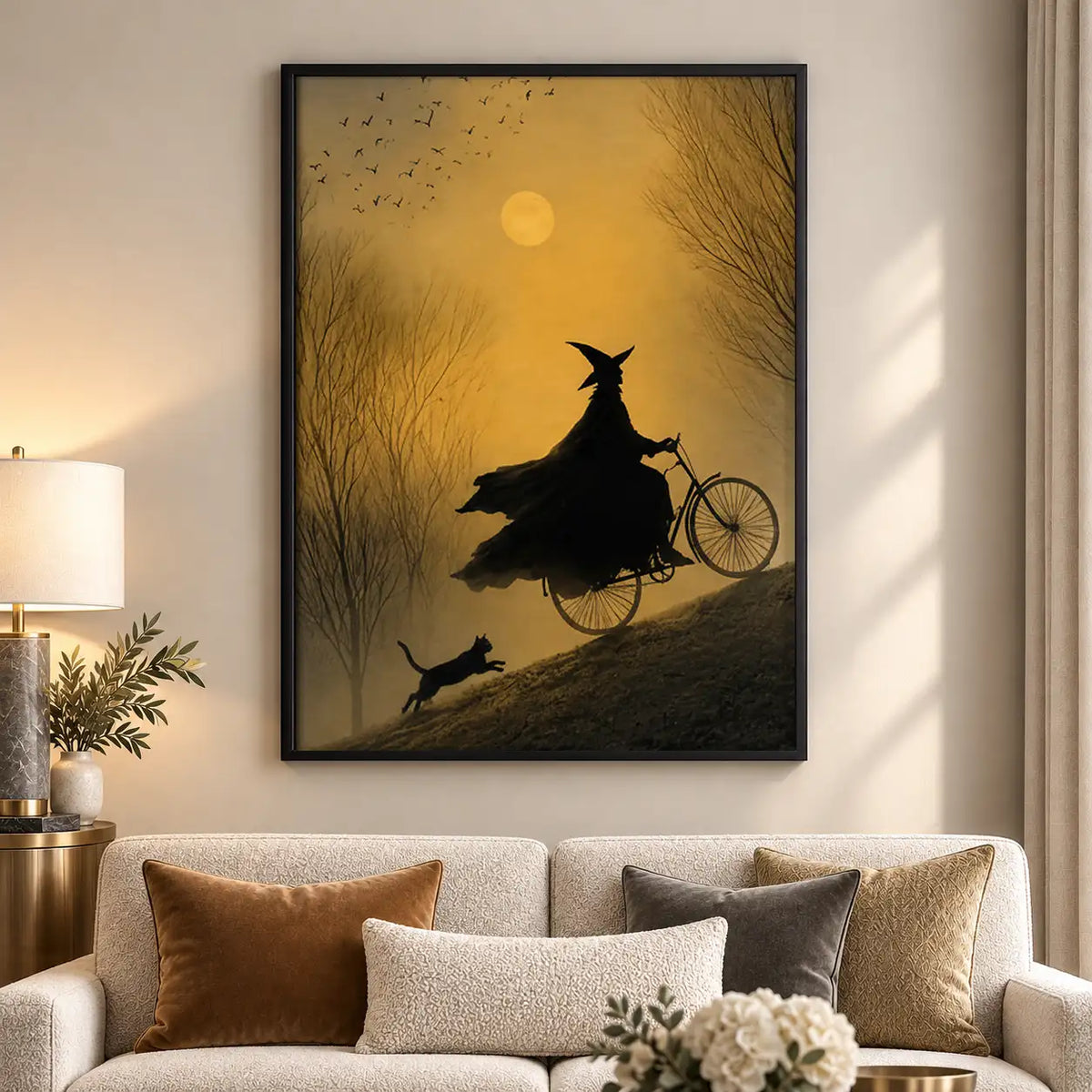 Witch Riding Bicycle Across Golden Moon Wall Art 5