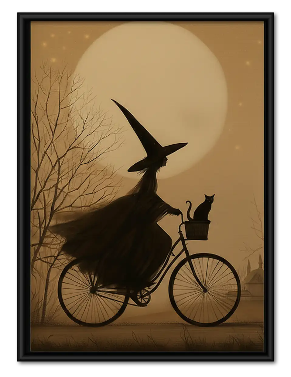 Witch Riding Bicycle Under Crescent Moon Wall Art 1