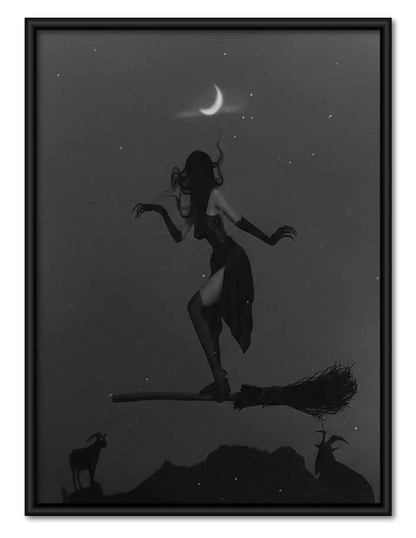 Witch Silhouette beneath Crescent Moon Wall Art 1