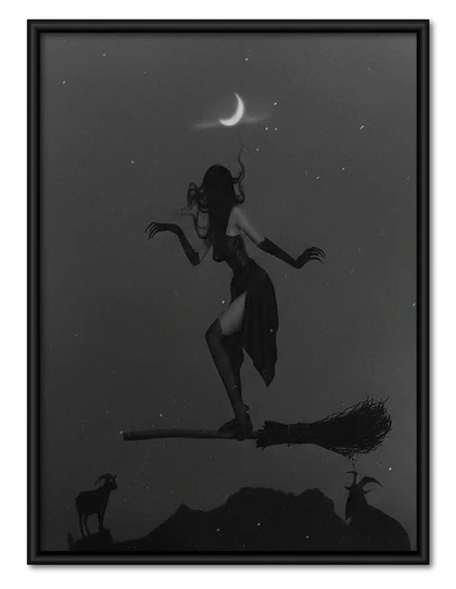 Witch Silhouette beneath Crescent Moon Wall Art
