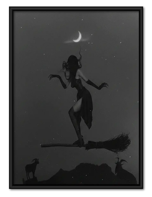 Witch Silhouette beneath Crescent Moon Wall Art