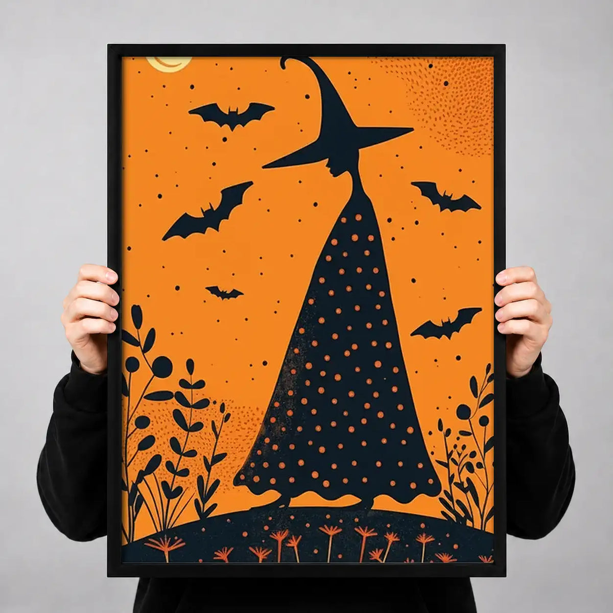 Witch Silhouette Orange Halloween Wall Art 3