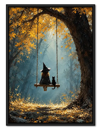 Witch Swinging Beneath Autumn Tree Wall Art 1