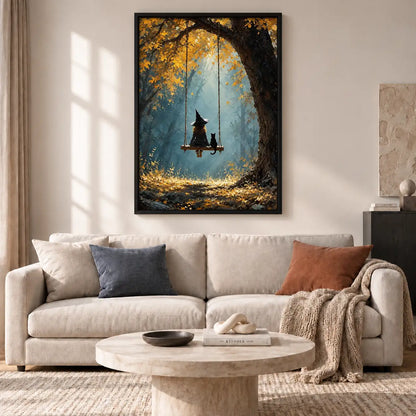 Witch Swinging Beneath Autumn Tree Wall Art 2