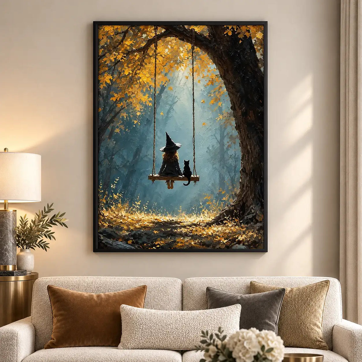 Witch Swinging Beneath Autumn Tree Wall Art 5