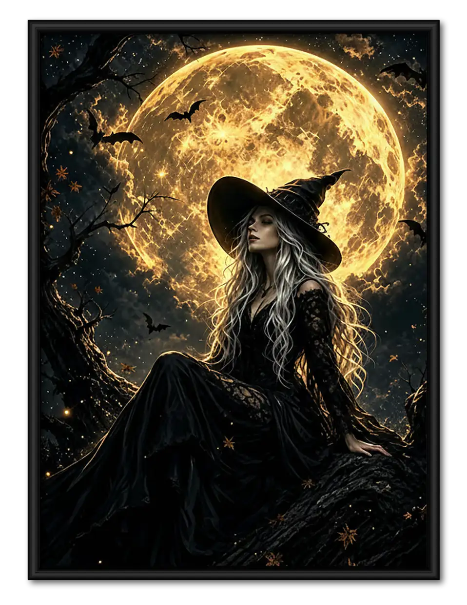 Witch Under Golden Full Moon Wall Art 1
